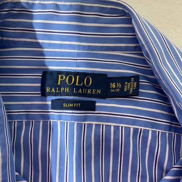 Polo Ralph Lauren Mens Slim Fit Blue/White Striped Dress Shirt 16.5 34/35 Large - Picture 4 of 7